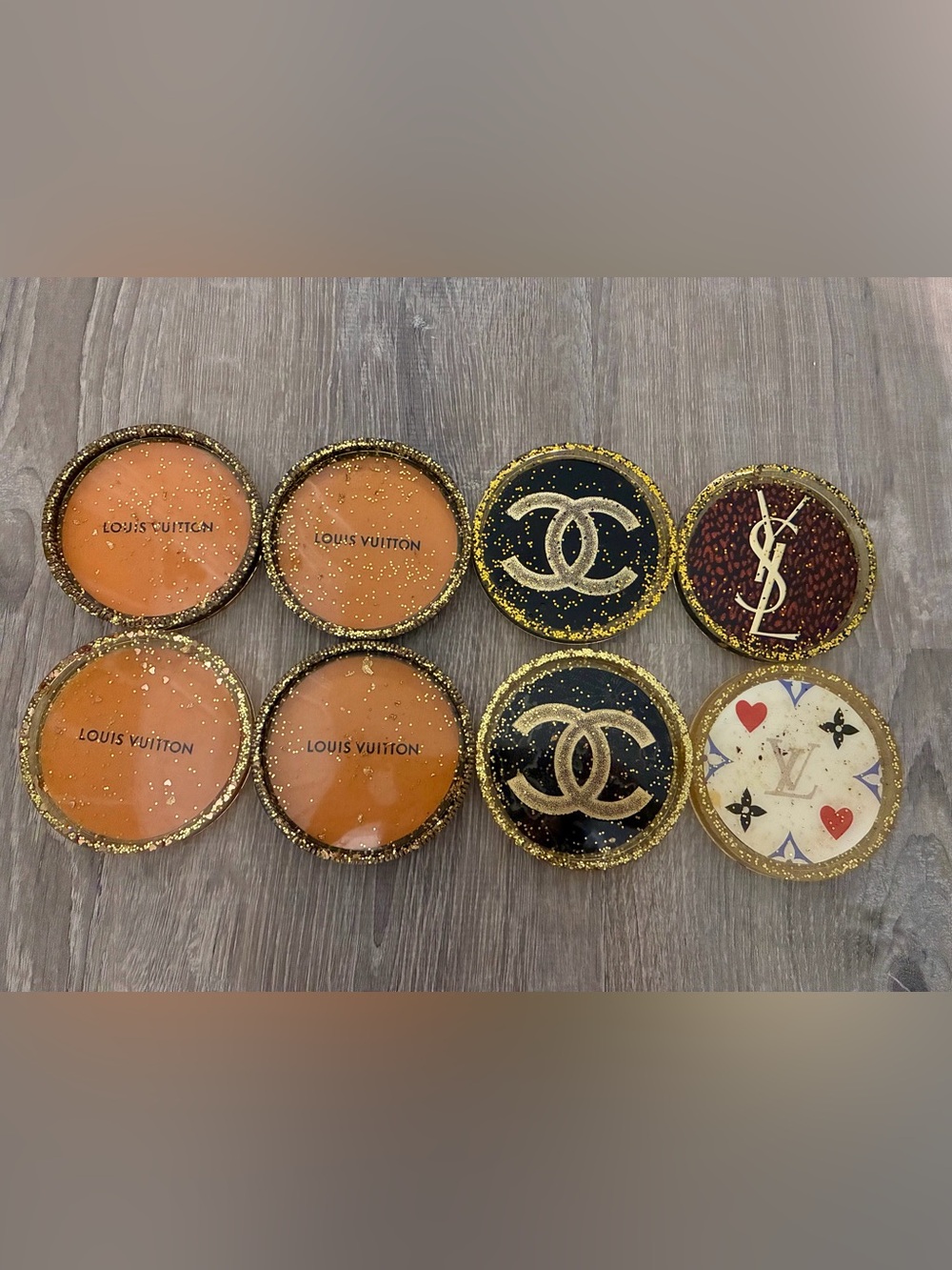 Handmade Designer Logo Glitter Coaster Jewelry Tray bundle of 8